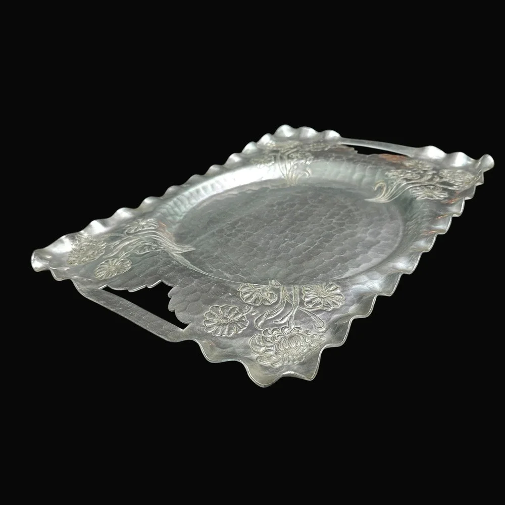 Vintage Hand Forged Hammered Aluminum Floral Serving Tray 88 Ruffled Edge 16.5in